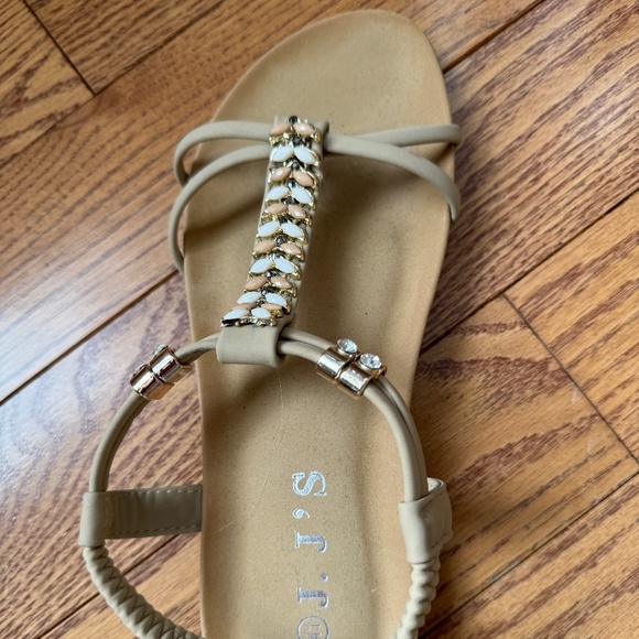 J.J's Brand Sandal with Beige Straps and Gold/Rhinestone Embellishments - Picture 3 of 5